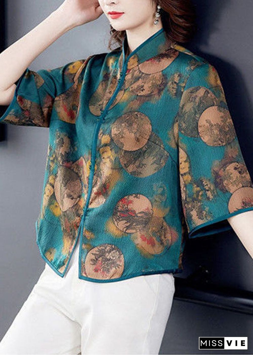 Italian Green Stand Collar Print Silk Blouse Tops Half Sleeve