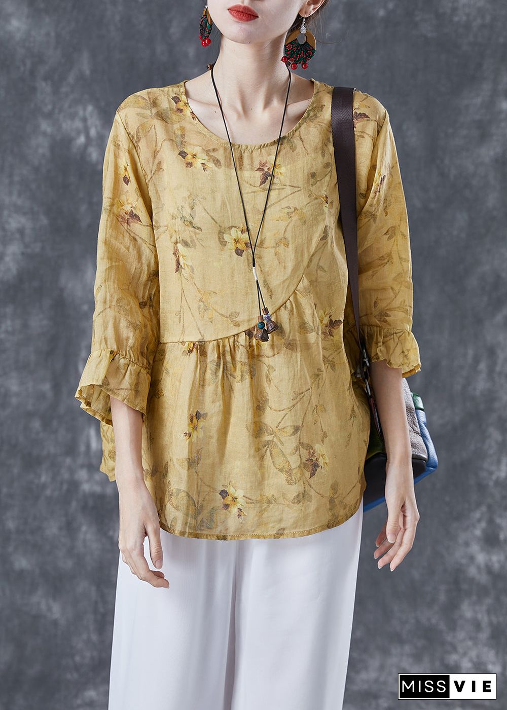 Boho Yellow Patchwork Print Linen Blouse Tops Bracelet Sleeve