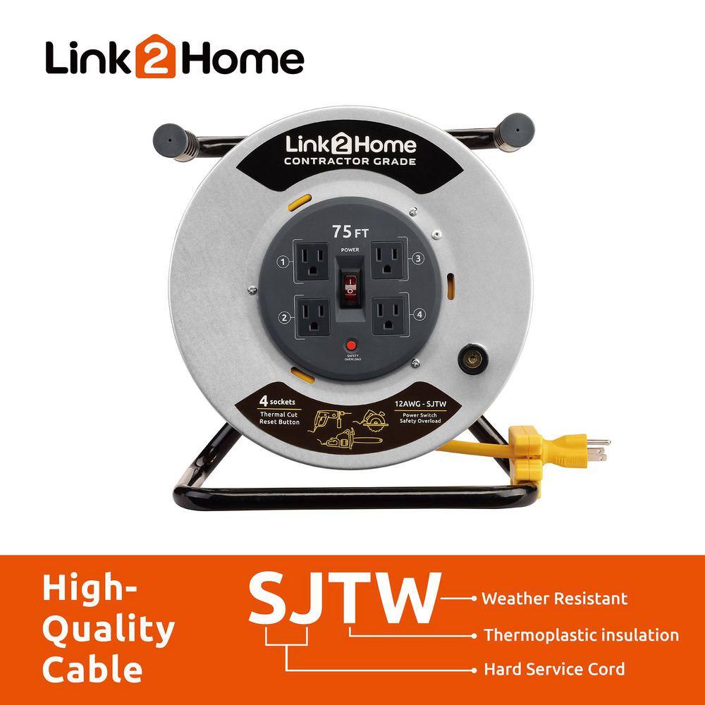 Link2Home 75 ft. 123 Extension Cord Storage Reel with 4 Grounded Outlets and Overload Circuit Breaker EM-CG-750-N