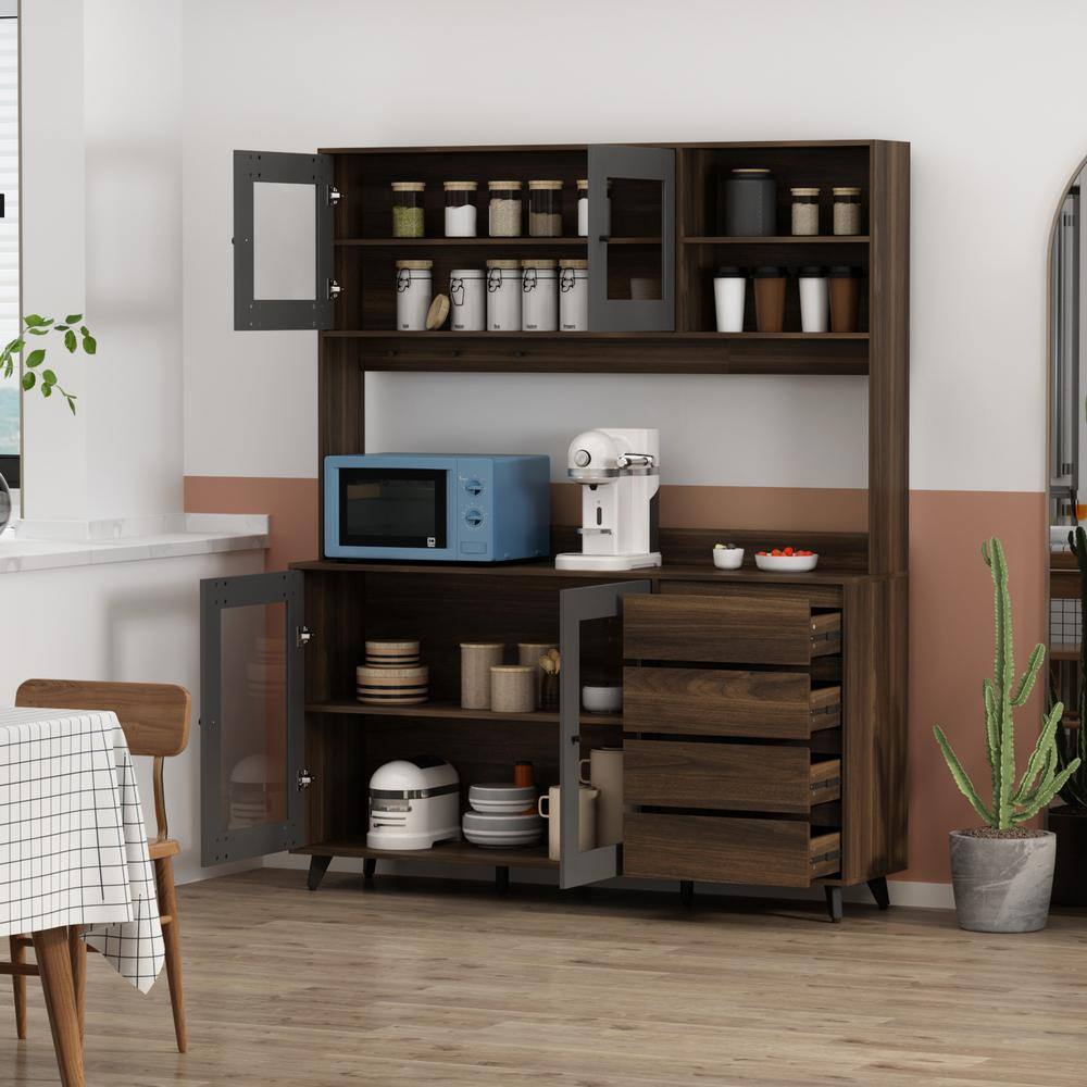 FUFUGAGA 63 in. L Brown Wood Buffet Sideboard Pantry Cabinet with 4-Drawers Hooks Open Shelves Doors for Kitchen Dining Room KF210128-023