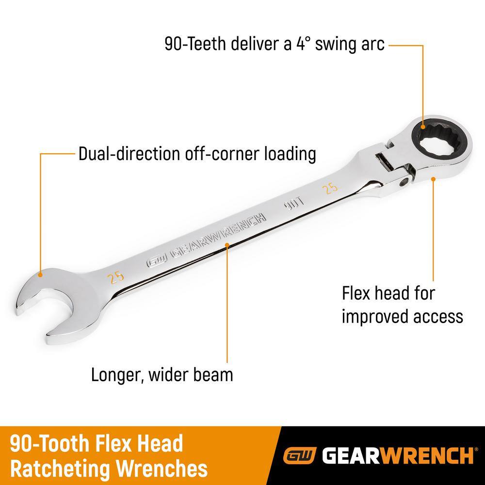 GEARWRENCH Metric 90-Tooth Flex Head Combination Ratcheting Wrench Tool Set (16-Piece) 86728