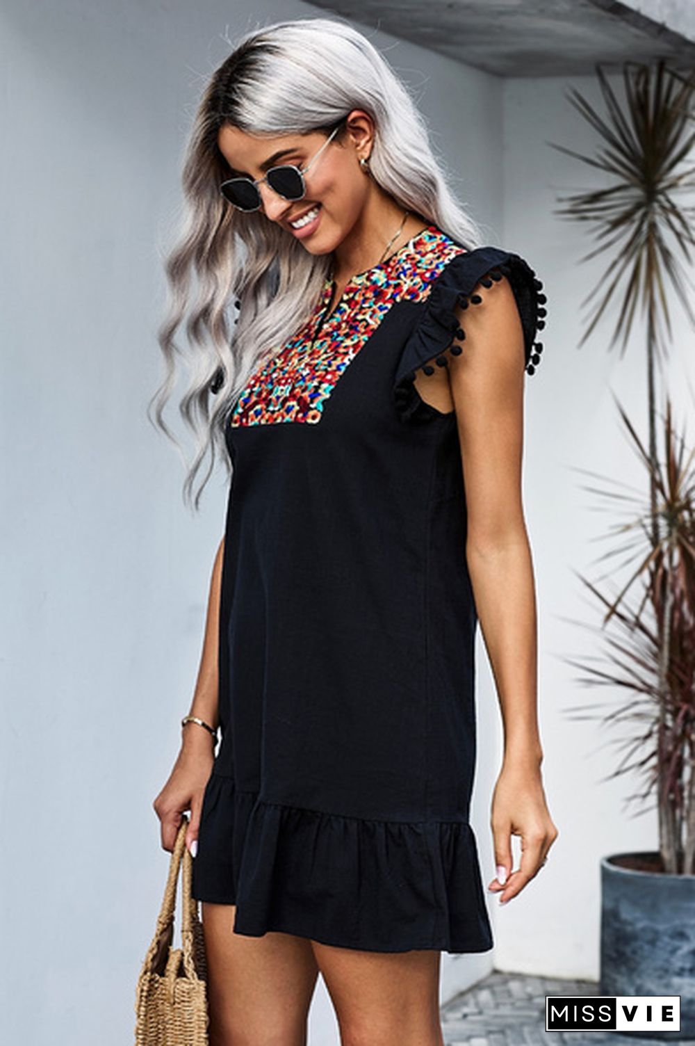 Women's Casual V Neck Skirt Boho Mexican Vintage Embroidery Print Mini Pompom Sleeve Shift Dress