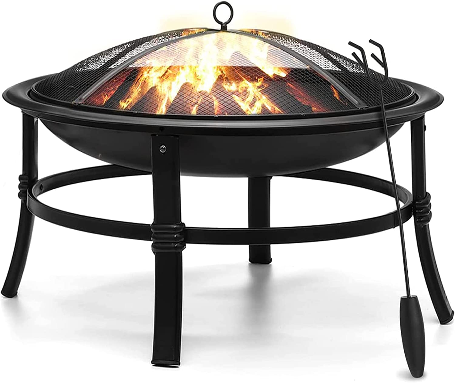 SINGLYFIRE 26 Inch Fire Pit for Outside Outdoor Wood Burning Firepit Bowl Heavy Duty Bonfire Pit Steel Firepit for Patio Backyard Camping Deck Picnic Porch with Spark Screen，Log Grate，Poker