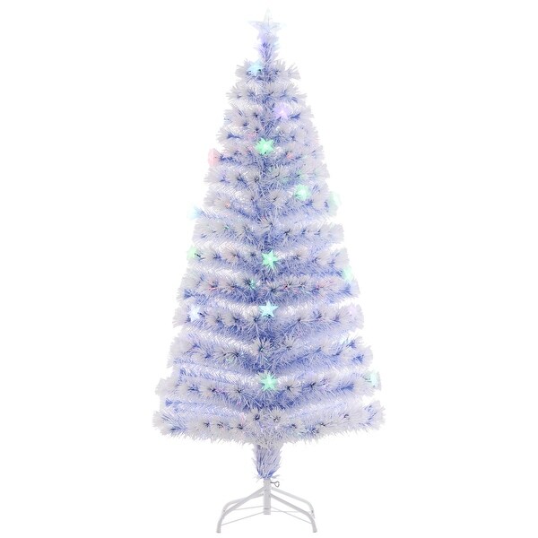 HOMCOM IcyBlue and White Christmas Tree with Lights，Prelit Christmas Tree 5 ft.，Faux Small Christmas Tree with Stand