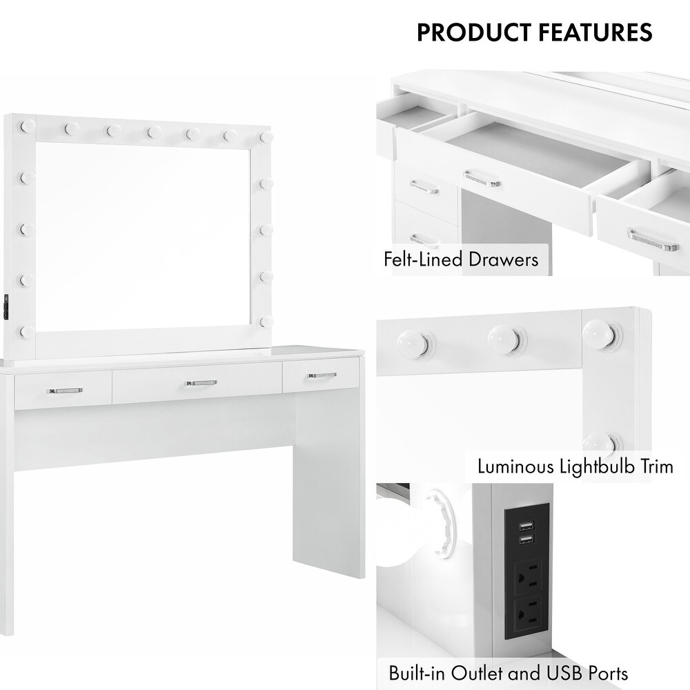 Roseanne Glam Luminous White 3 Drawer Wooden Vanity Set with USBs by Furniture of America