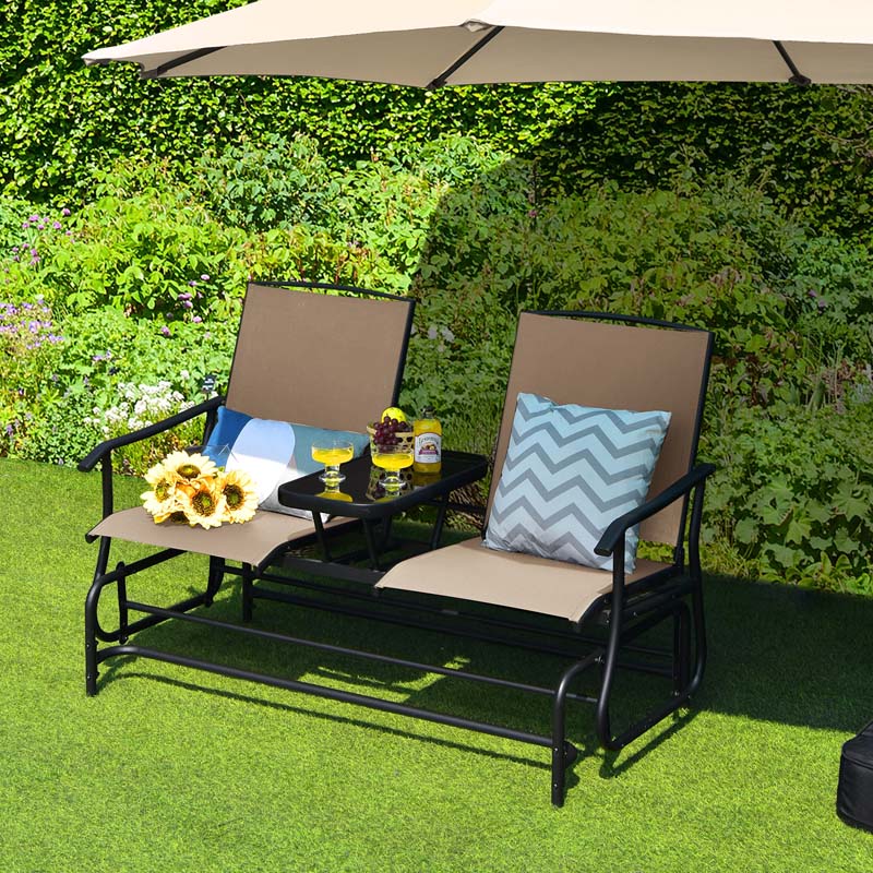 2-Person Outdoor Bench Glider Chair with Center Table, Mesh Fabric Rocking Loveseat for Patio