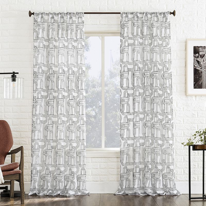 No. 918 Kaz Retro Embroidered Curves Sheer Rod Pocket 1 Window Curtain Panel