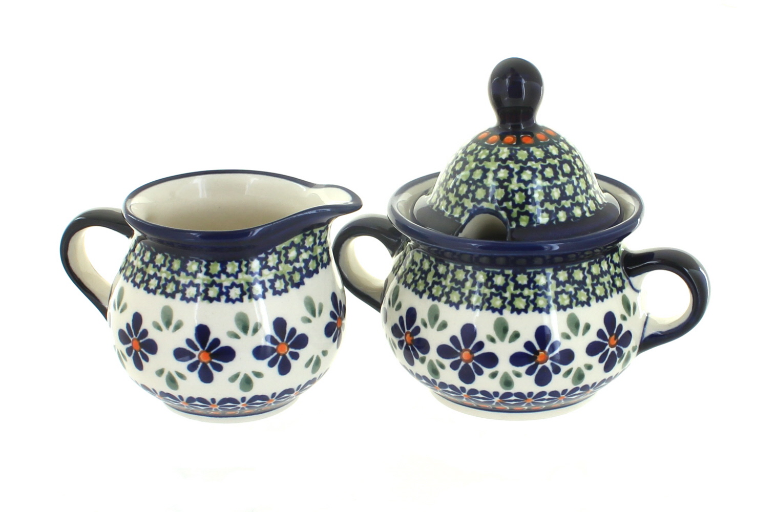 Blue Rose Polish Pottery Mosaic Flower Cream and Sugar Set