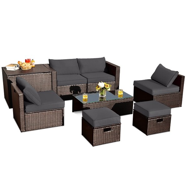 Costway 8PCS Patio Rattan Furniture Set SpaceSaving Storage Cushion