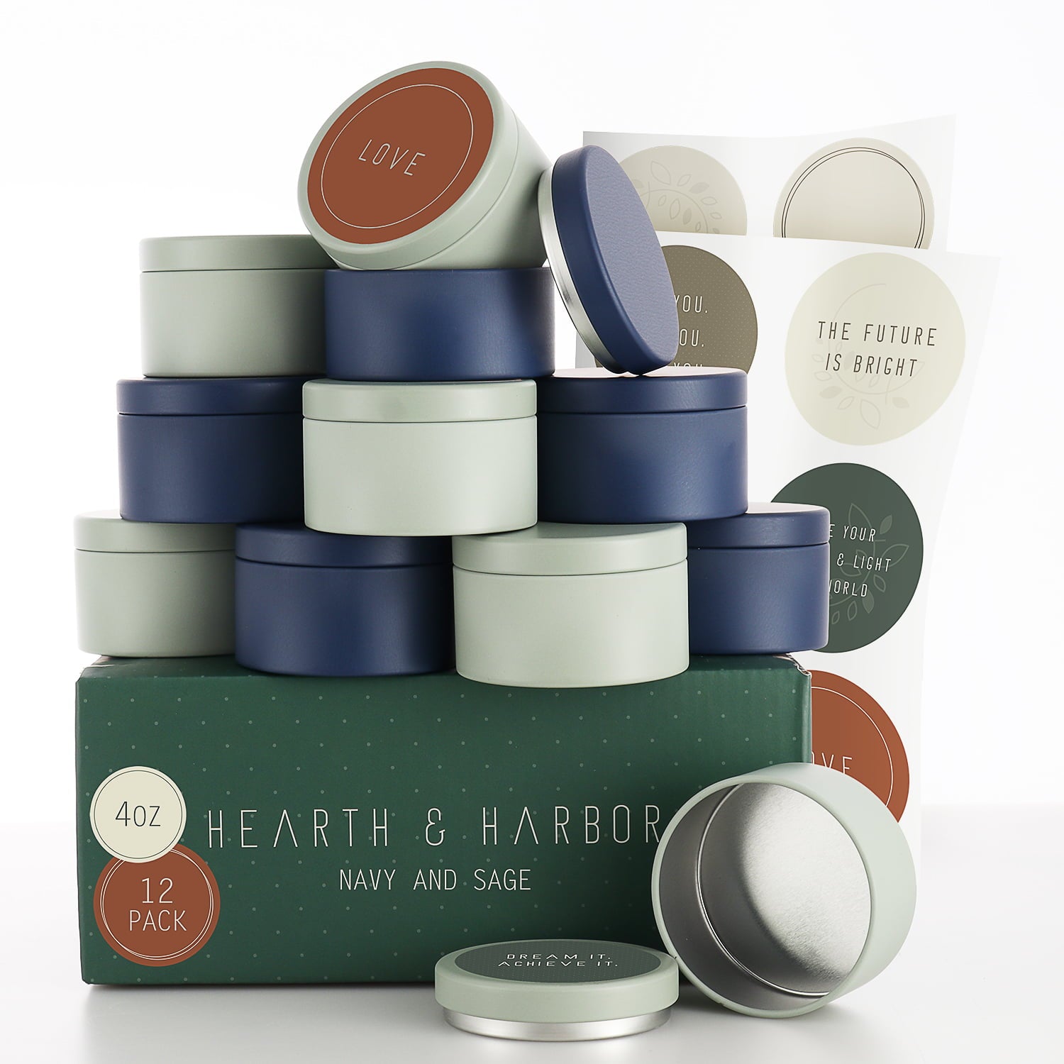 Hearth and Harbor 4 Oz， 12 Pack Navy and Sage DIY Candle Containers with Lids - Tin Candle Jars for Making Candles - Metal Candle Jars - Bulk Tins Storage for Candle - Solid