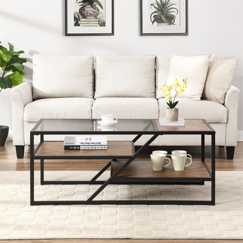 Coffee Table with Storage Shelf Tempered Glass End Table   43.31* 21.56* 17.91 inch