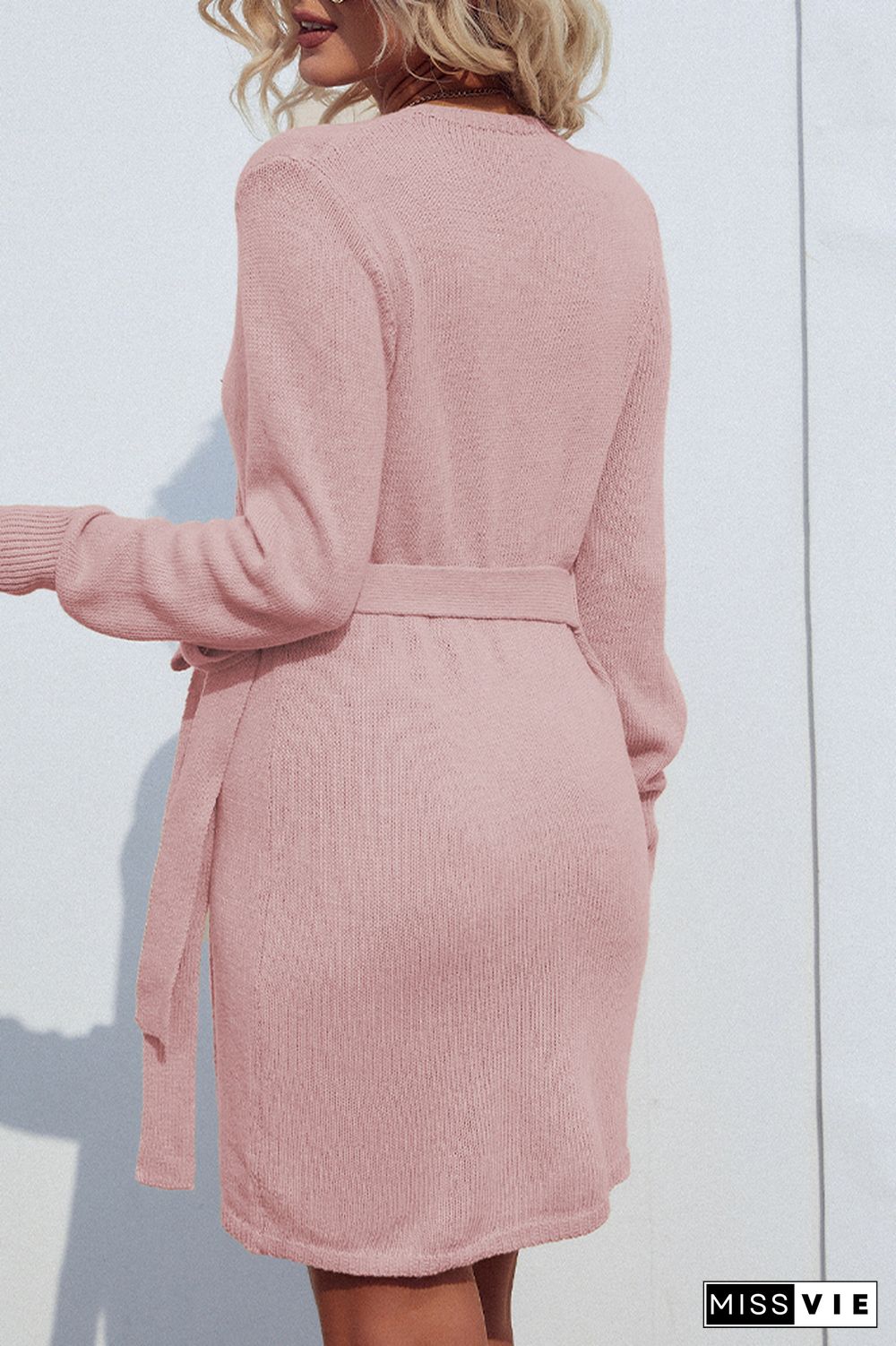 Long Sleeve Plain Waist Tie Split Sweater Dress