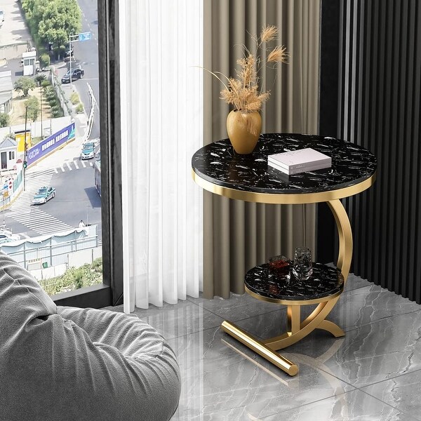 Luxury Marble End Table Decor and More Round Coffee Table with Storage Shelf for Home and Living Room - as picture