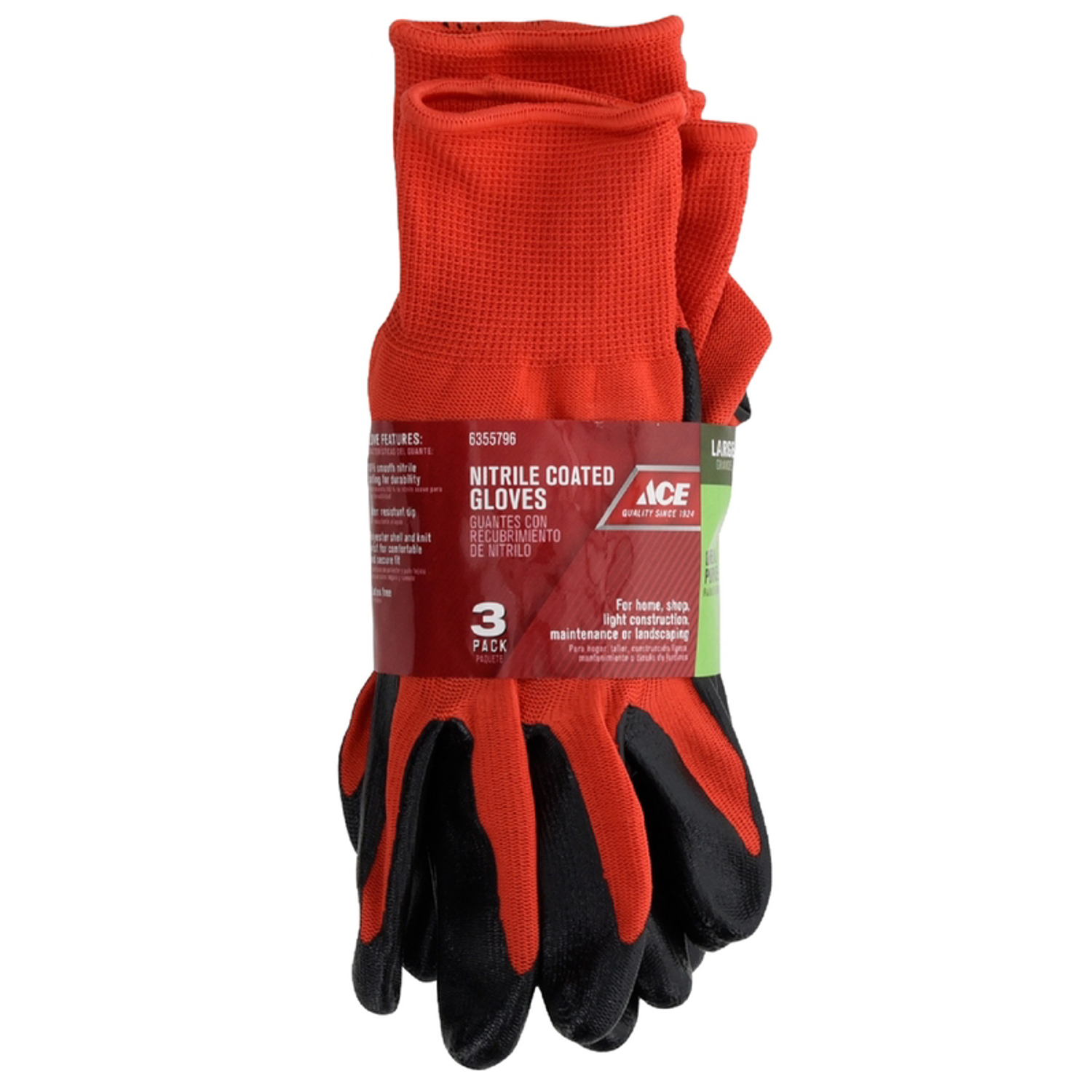 Ace Men\u0027s Indoor/Outdoor Coated Work Gloves Red L 3 pk