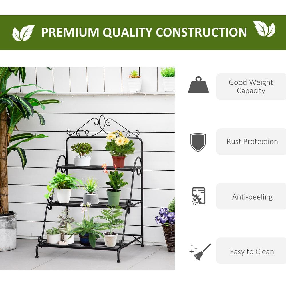 Outsunny Indoor/Outdoor Black Metal Plant Stand (3-Tiered) 845-570BK