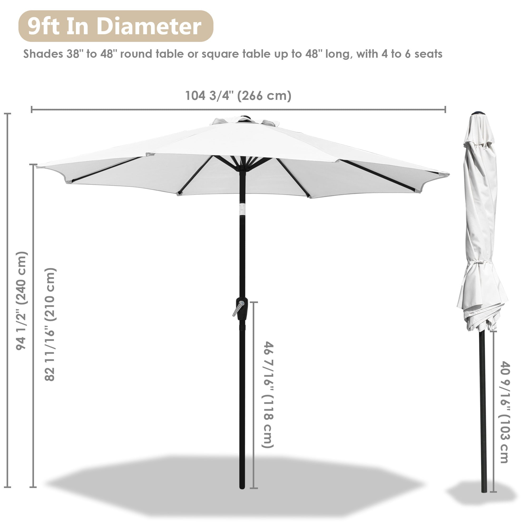 LAGarden 9ft UV 30+ Aluminum Outdoor Patio Umbrella with Crank & Tilt 8 Rib Air-vented for Garden Table Deck Yard Beach