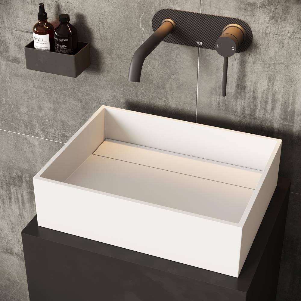 VIGO Montauk Modern White Matte Stone 18 in. L x 13 in. W x 5 in. H Rectangular Vessel Bathroom Sink VG04023