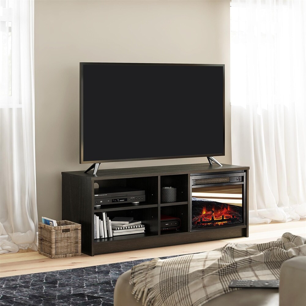 Ameriwood Home Nanton Asymmetrical 55 inch TV Stand with Electric Fireplace Insert and 4 Shelves