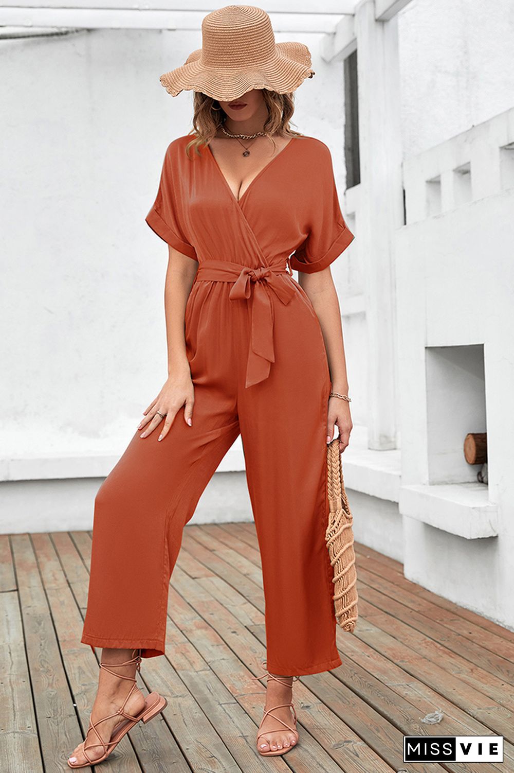 Solid Color Short Sleeve Long Pants Jumpsuit Wholesale