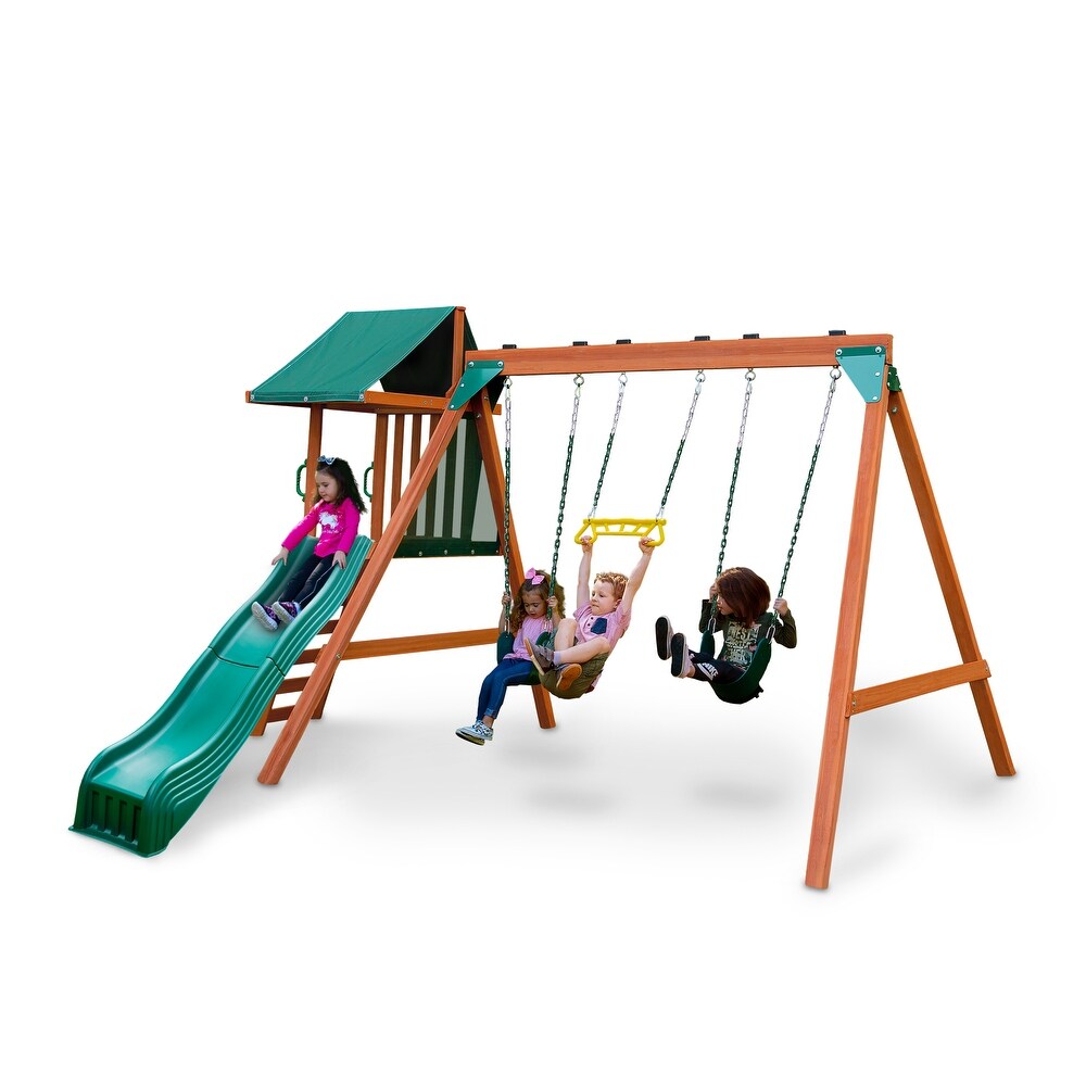 Swing N Slide Ranger Plus Wood Swing Set with Wave Slide and Rock Climbing Wall   Cedar   11' W x 12' D x 7.67' H