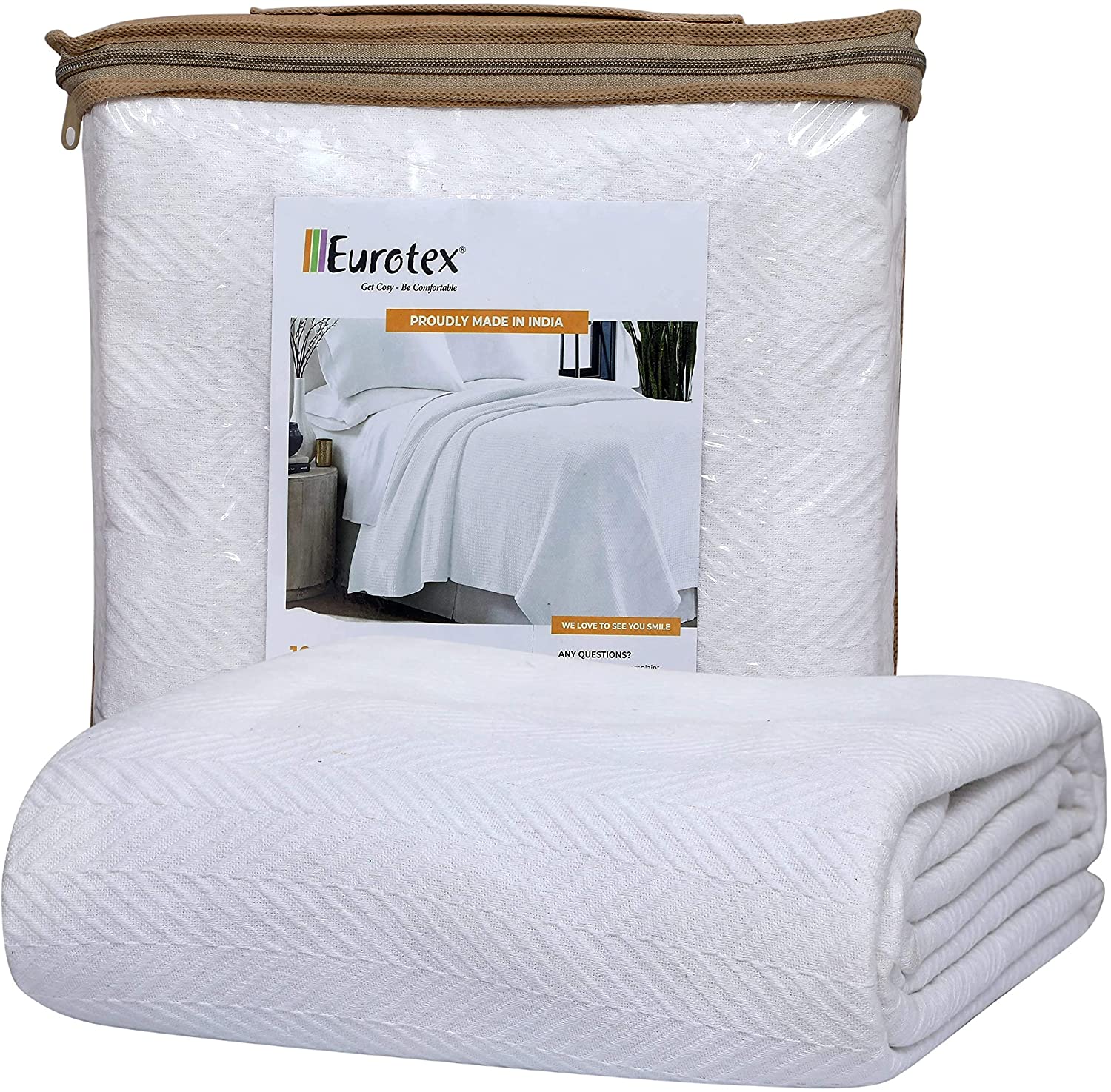 Eurotex 100% Cotton Blanket Queen 90 x 90 inches， Summer Lightweight Soft Breathable Blanket， White