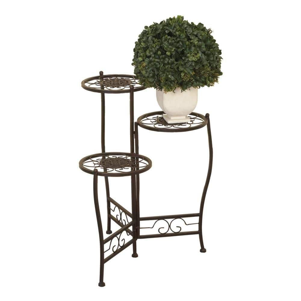 Litton Lane 18 in. Brown Metal Floral Indoor Outdoor 3 Tier Plantstand 41331