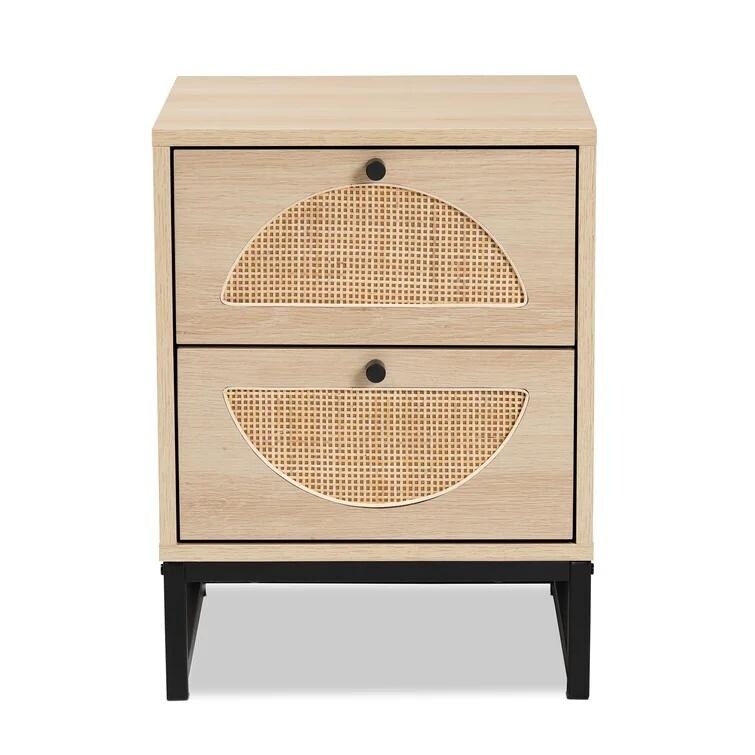 Modern Minimalism Rattan Nightstand  Wood Bedside Table with Two Drawers  Boho End Table  Side Table for Living Room  Bedroom