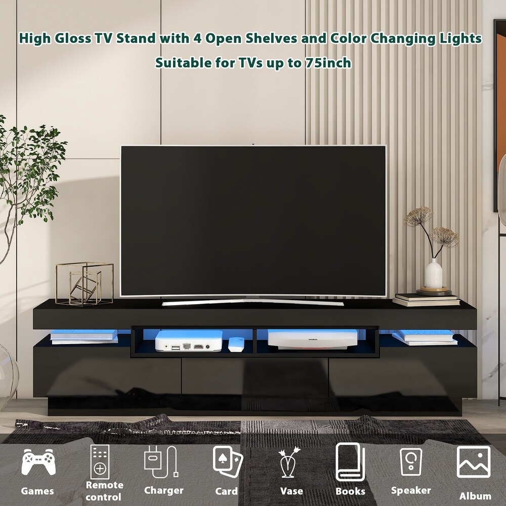 TV Stand with 4 Open Shelves  Modern High Gloss Entertainment Center for 75 Inch TV