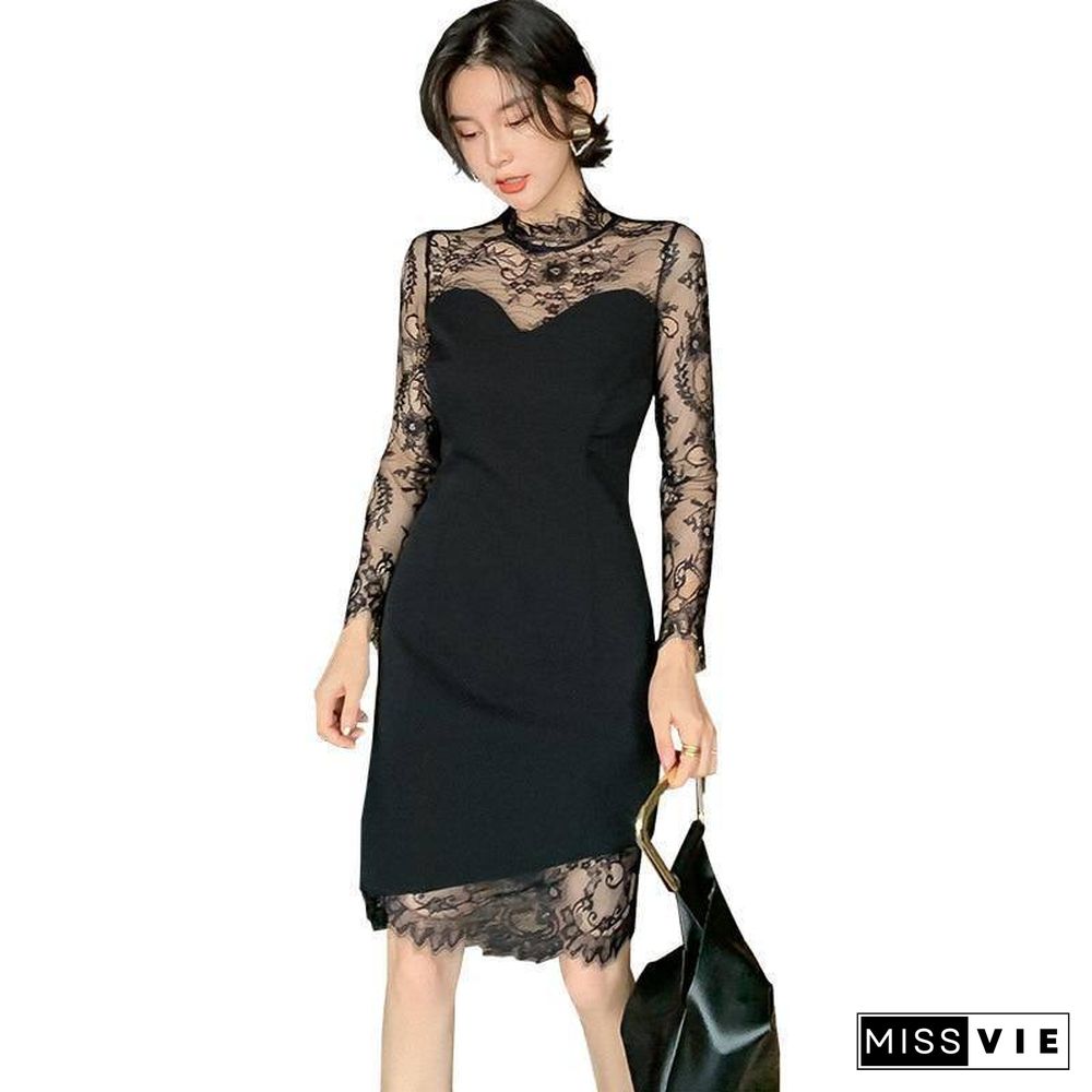 New Spring Autumn Woman Clothes Translucent Sexy Party Dress Lace stitching Long Sleeve Dresses Fashion Fall Women Clothing