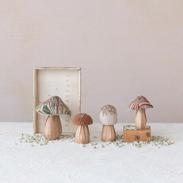 Fabric Topped Foam Mushrooms with Wood Base，Sequins，and Glitter，Set of 4