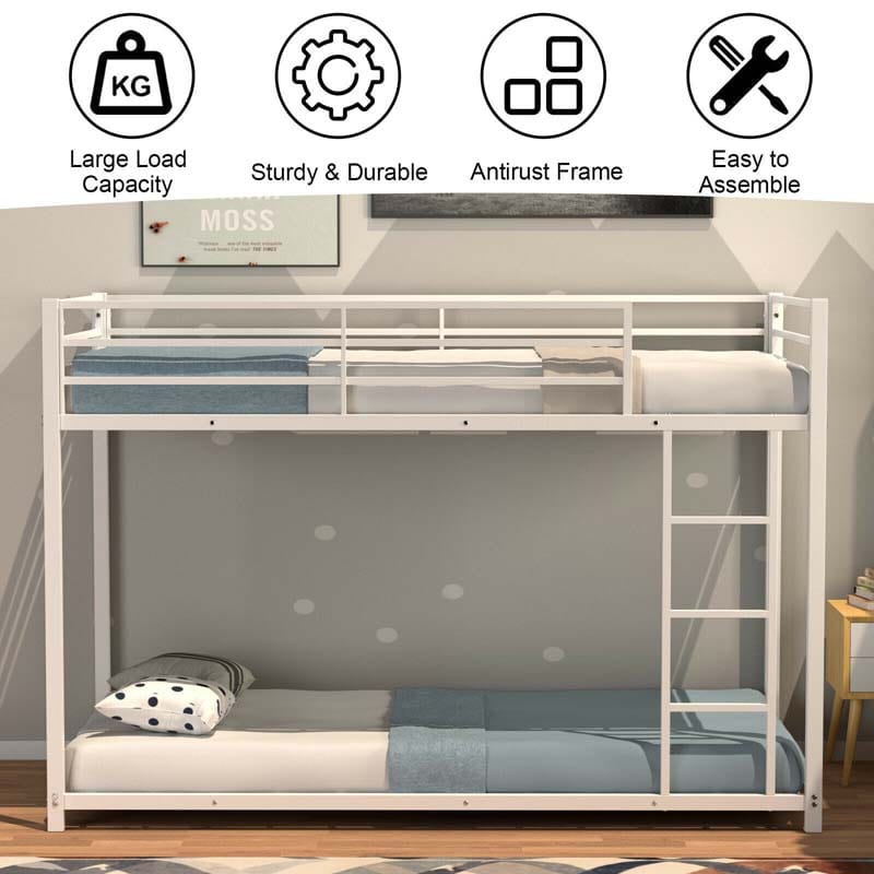 Metal Bunk Bed Twin Over Twin, Classic Bunk Bed Frame Platform with Side Ladder & Safety Guardrail