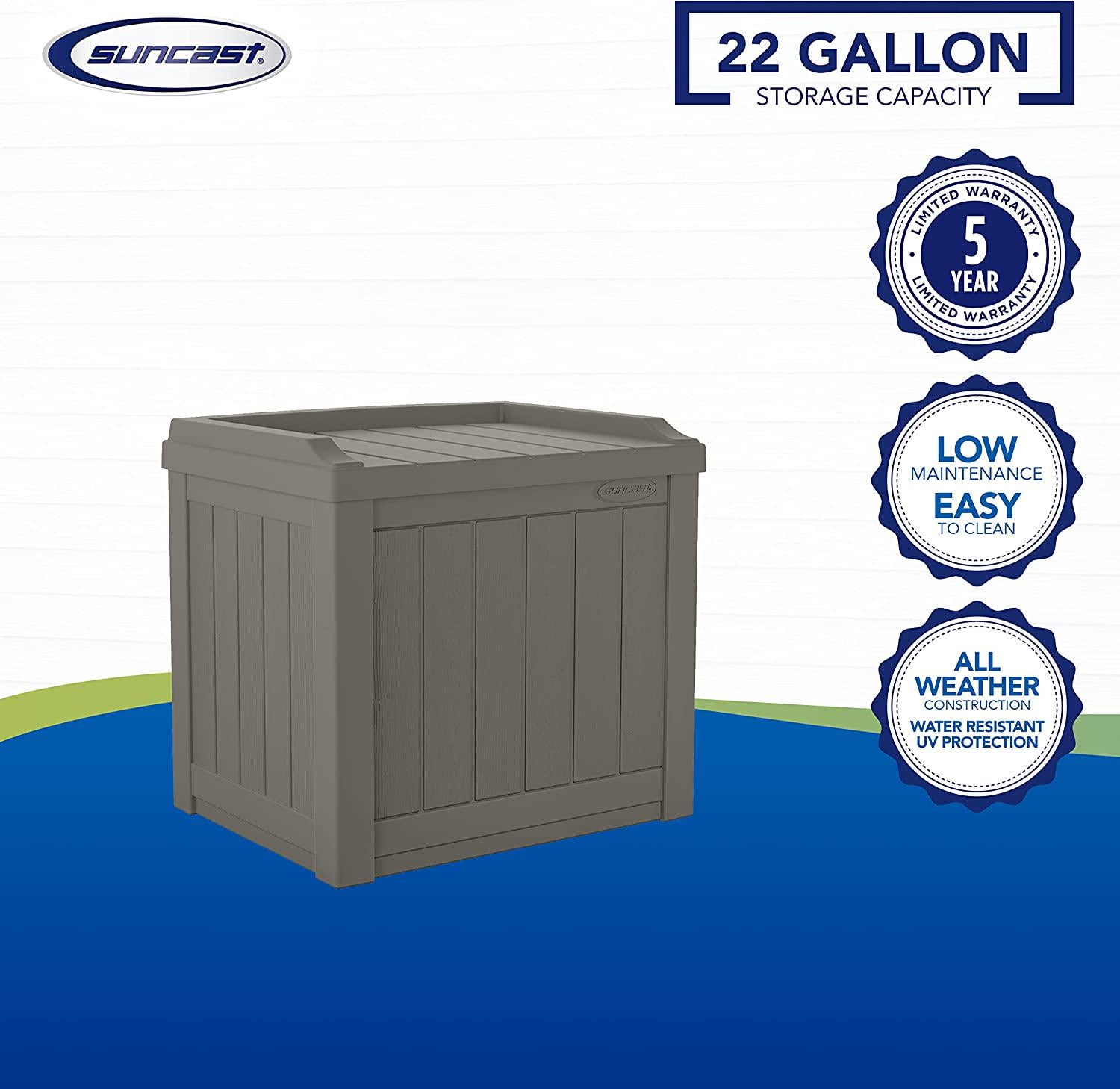 Suncast 22-Gallon Small Deck Box - Lightweight Resin Indoor/Outdoor Storage Container and Seat for Patio Cushions and Gardening Tools - Store Items on Garage, Yard - Stone Gray