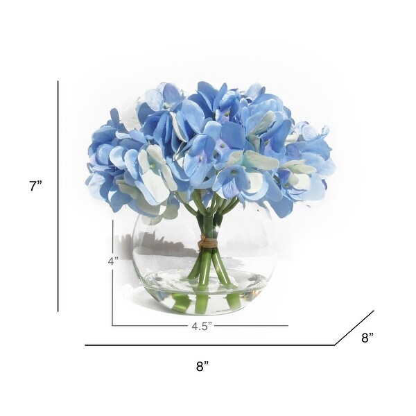 Artificial Hydrangea Flower Arrangement in Round Glass Vase 7in