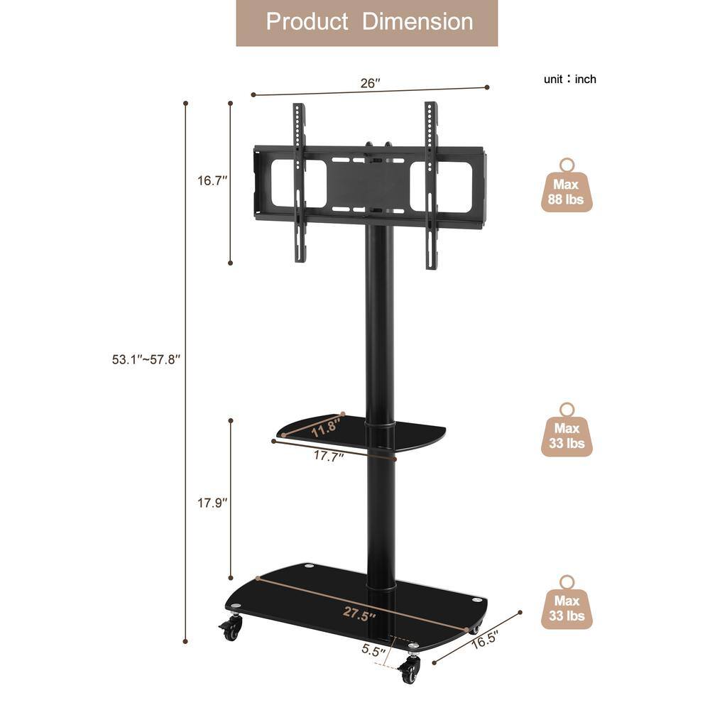 Tidoin Adjustable Angle Black Adjustable Height TV Mounts TV Stand with 2-Tier Shelf and Wheel JWS-YUW2-5040