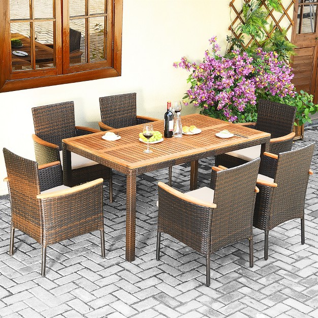 Costway 7pcs Patio Rattan Dining Set Armrest Cushioned Chair Wooden Tabletop