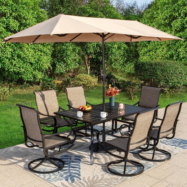 8pc Outdoor Dining Set With Metal Slat Top Table With Umbrella Hole amp Swivel Chairs Gray beige Captiva Designs