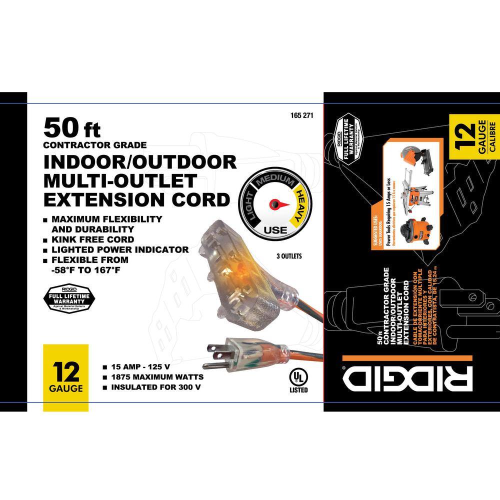 RIDGID 50 ft. 123 Heavy Duty IndoorOutdoor Extension Cord with Tritap Lighted End OrangeGrey 76050RGD