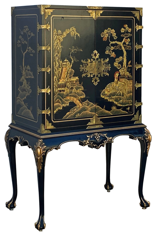 Vintage Chinoiserie Black And Gold Graphic Claw Legs Cabinet Hcs7263   Asian   Accent Chests And Cabinets   by Golden Lotus Antiques  Houzz