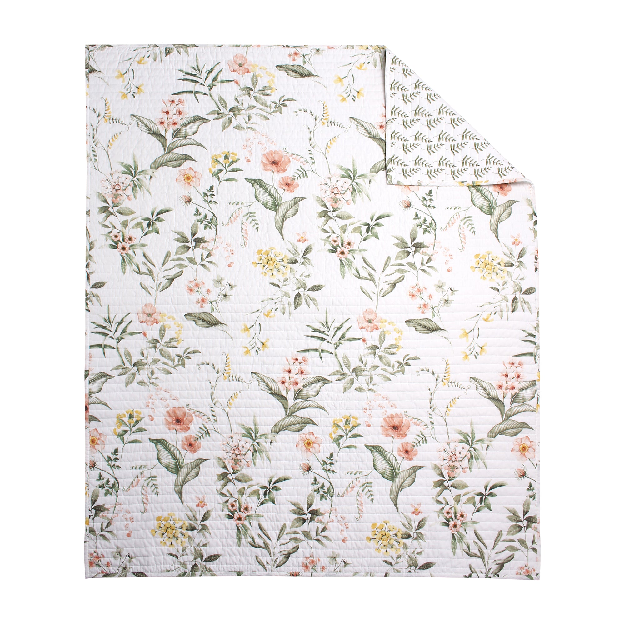 Levtex Home - Viviana - Quilted Throw - Botanical Floral - Coral, Green, Yellow, Cream - 50x60in. - Reversible - Cotton