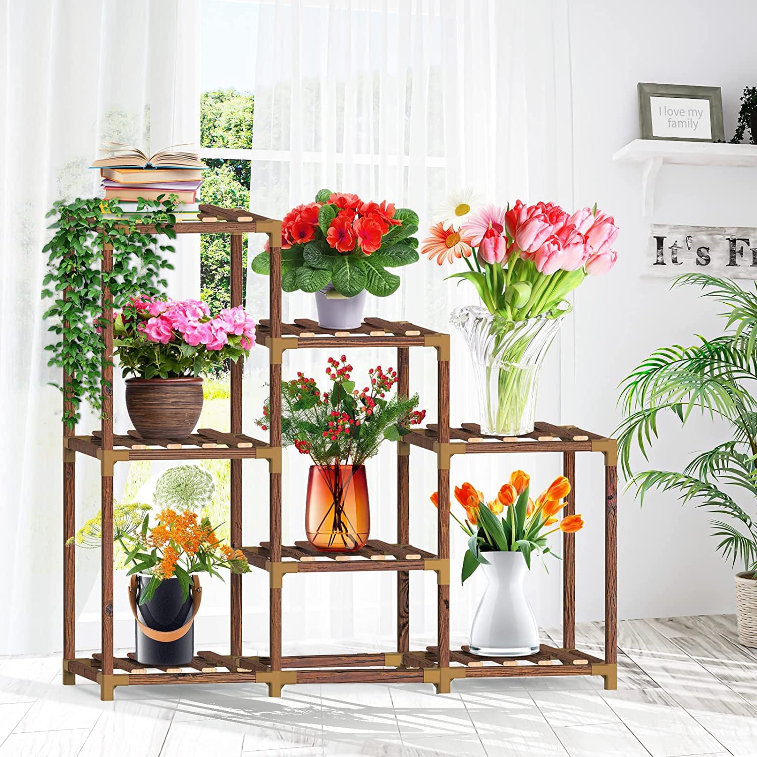 PHANCIR Plant Stand Indoor Outdoor, 7 Pots wood plant flower Shelf Tall Plant Stands for Multiple Plants Large Plant Rack Holder Garden Shelves with accessories for Garden Balcony Patio Living Room