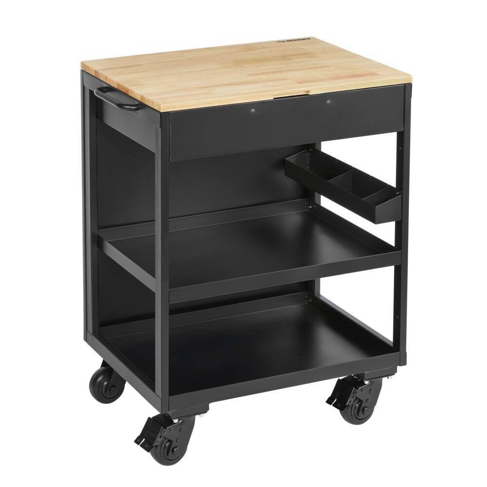 Husky Extra Wide Utility Cart with Wooden Top in Black (28 in. W x 37.5 in. H x 21.5 in. D) HTC1000019