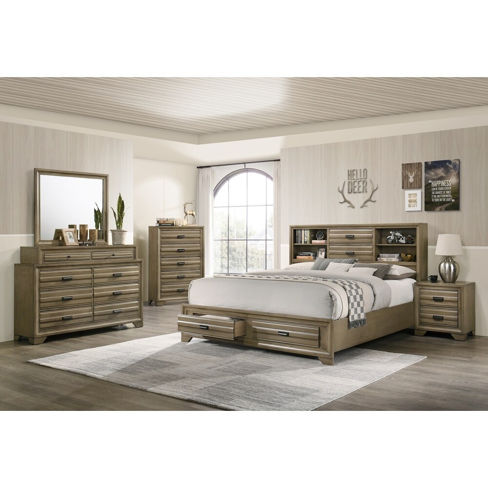 Roundhill Furniture Loiret Rubbed Gray Oak Finish Wood Storage Platform Bedroom Set with Dresser  Mirror  Two Nightstands  Chest