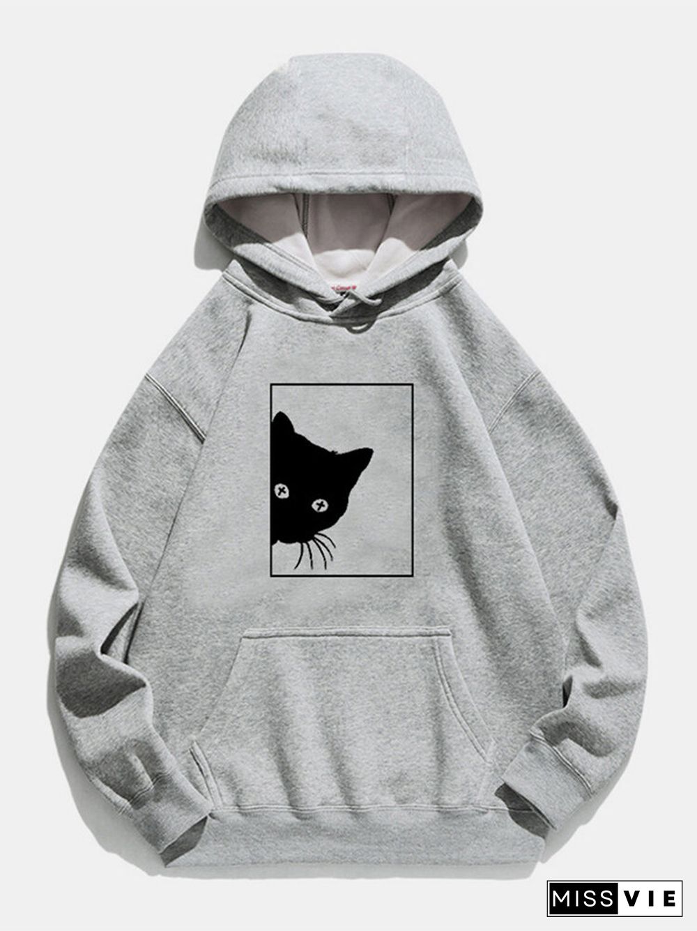 Cartoon Cat Printed Long Sleeve Drawstring Hoodie for Women