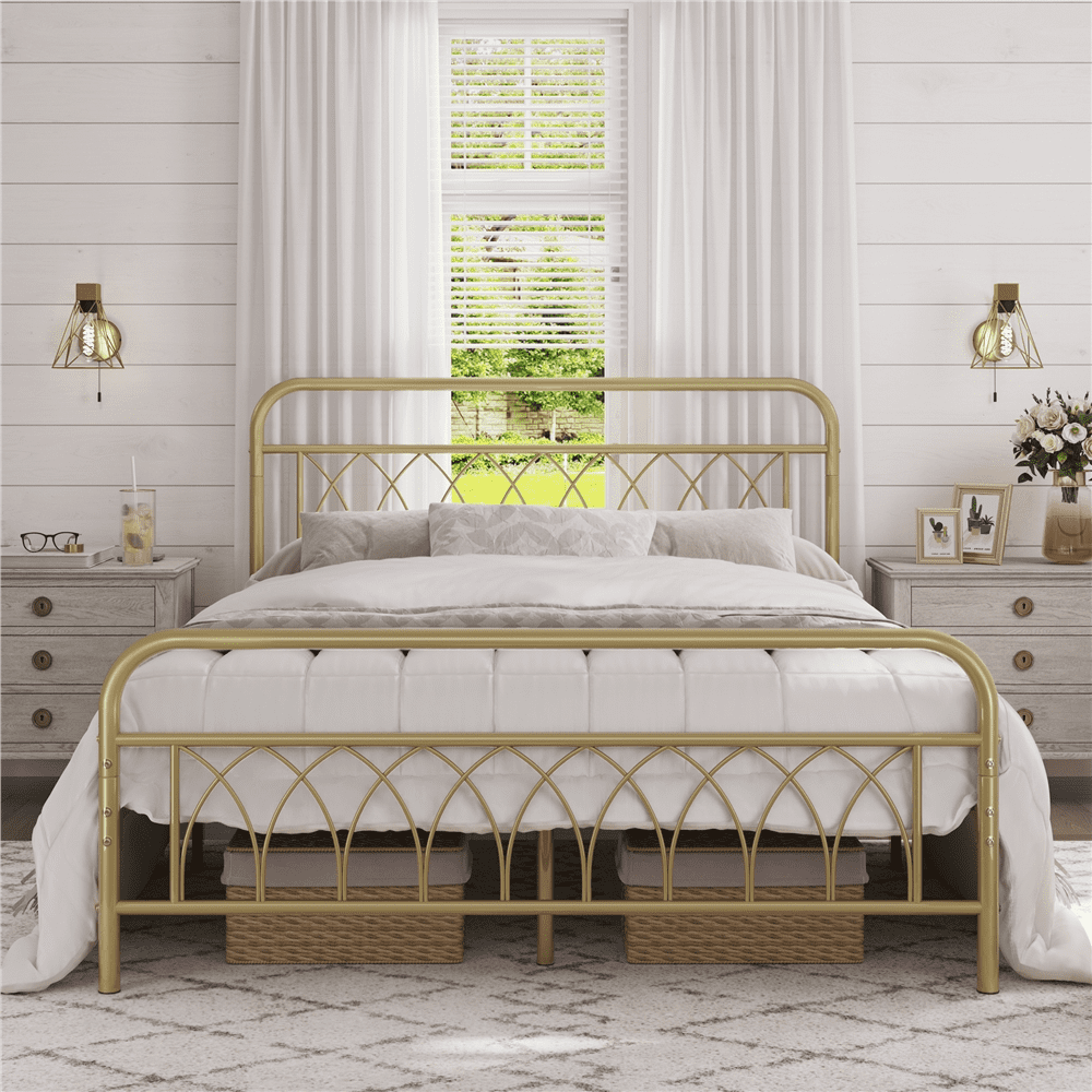 Easyfashion Metal Platform Bed Frame Antique Gold, Queen