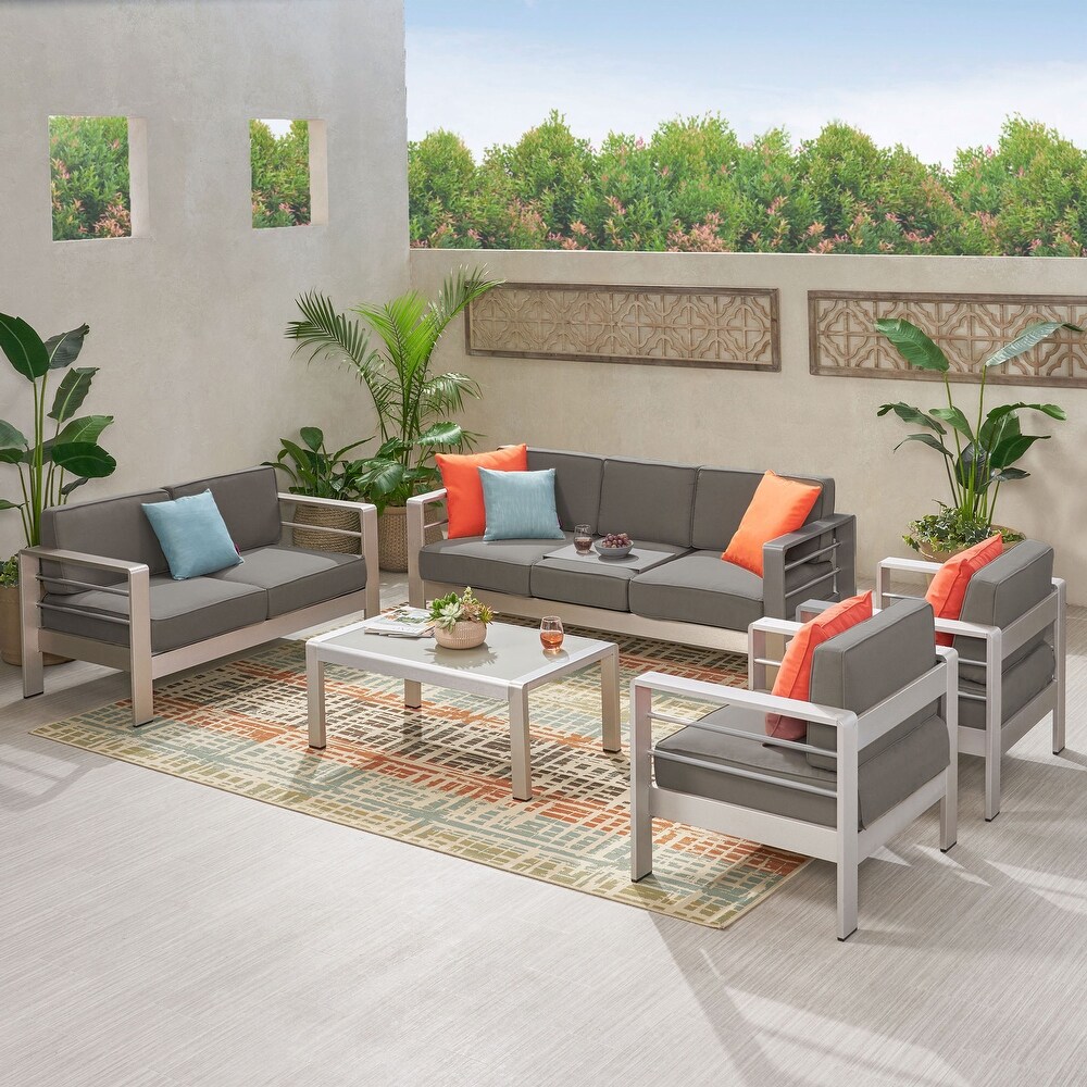 Cape Coral Outdoor 7 Seater Aluminum Patio Sofa Set with Coffee Table by Christopher Knight Home