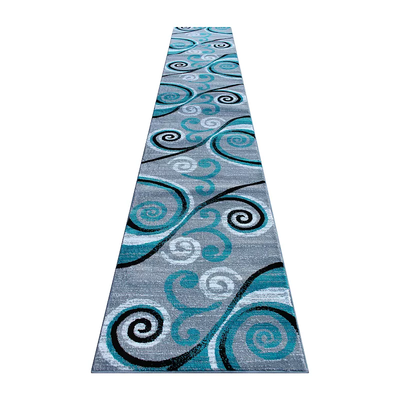 Masada Rugs Masada Rugs Stephanie Collection 3'x16' Area Rug Runner with Modern Contemporary Design in Turquoise， Gray， Black and White - Design 1100