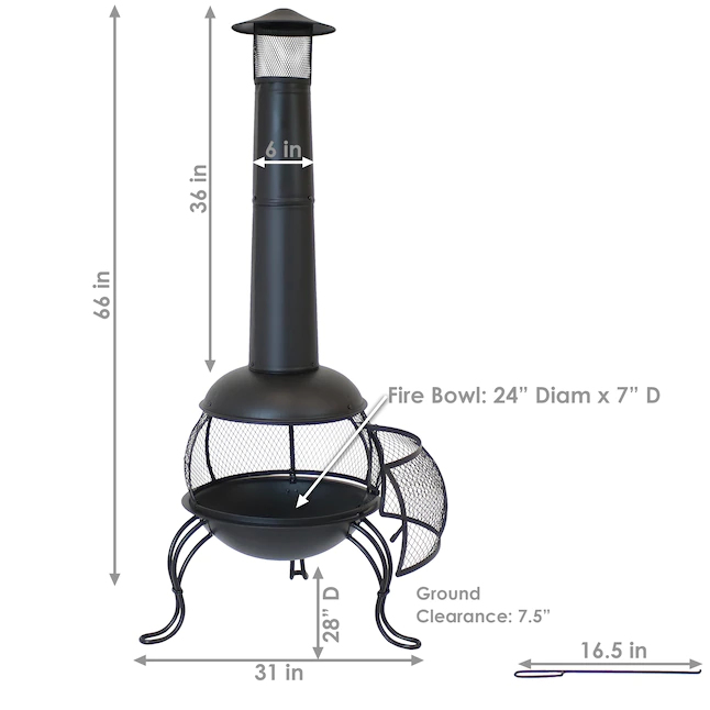 Sunnydaze Decor KF-849 66-in H x 28-in D x 31-in W Black Steel Chiminea