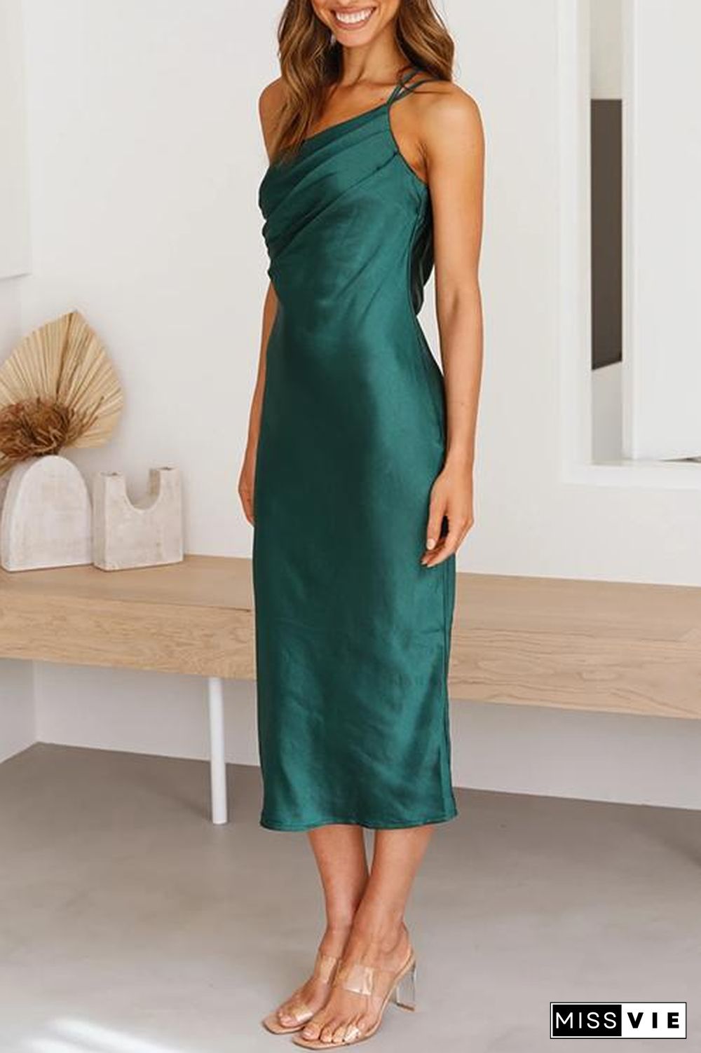 Ruched One Shoulder Slip Midi Dress