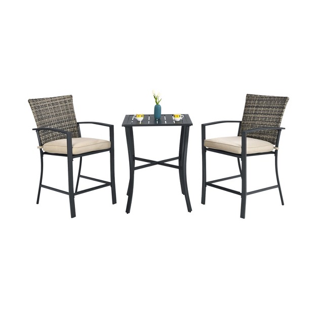 Tangkula 3 piece Patio Rattan Furniture Set Outdoor Bistro Set Cushioned Chairs amp Table Set Gray brown