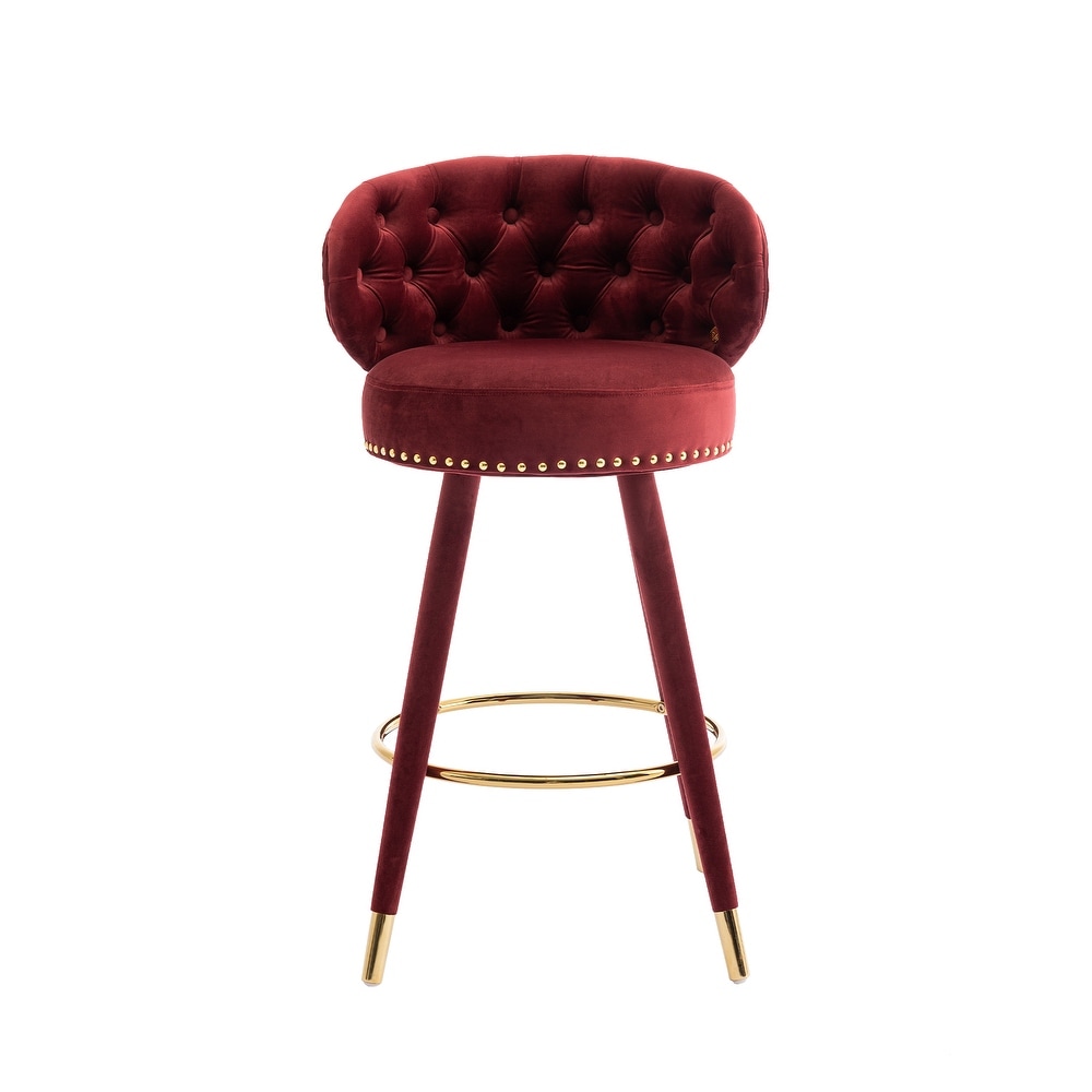 Counter Height Bar Stools Set of 2 Velvet Lounge Barstools Kitchen Armless Bar Stool w/ Tufted Back   Footrest Chair  Claret Red